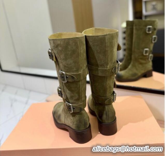 Unique Style Miu Miu Suede High Boots with Buckle Strap Green 1228076