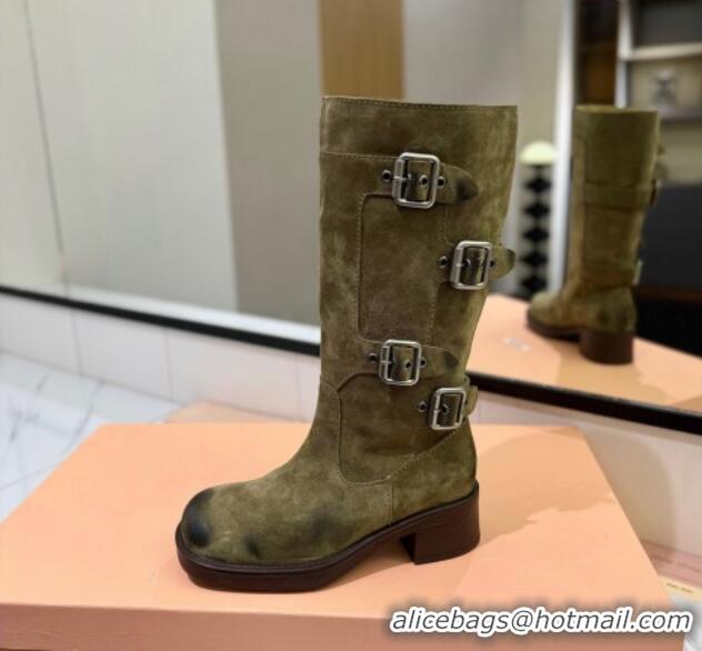 Unique Style Miu Miu Suede High Boots with Buckle Strap Green 1228076