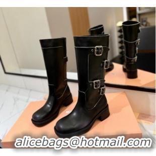 Lower Price Miu Miu Bleached Leather High Boots with Buckle Strap Black 1228077