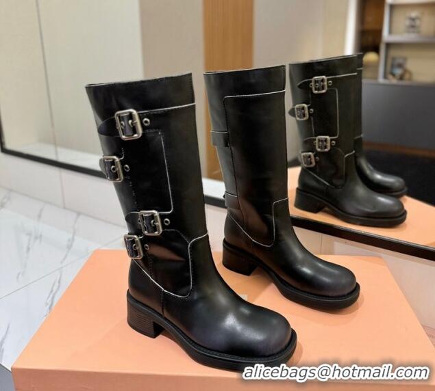 Lower Price Miu Miu Bleached Leather High Boots with Buckle Strap Black 1228077