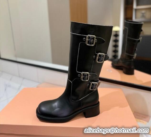 Lower Price Miu Miu Bleached Leather High Boots with Buckle Strap Black 1228077