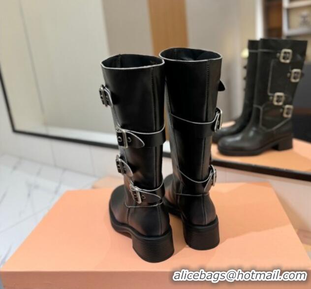 Lower Price Miu Miu Bleached Leather High Boots with Buckle Strap Black 1228077