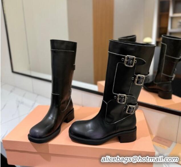 Lower Price Miu Miu Bleached Leather High Boots with Buckle Strap Black 1228077