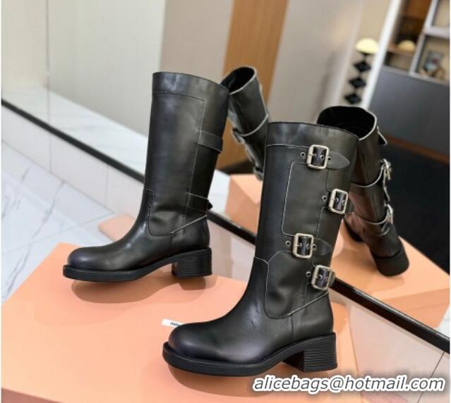 Lower Price Miu Miu Bleached Leather High Boots with Buckle Strap Black 1228077