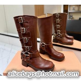 Grade Quality Miu Miu Bleached Leather High Boots with Buckle Strap Sienna Brown 1228078