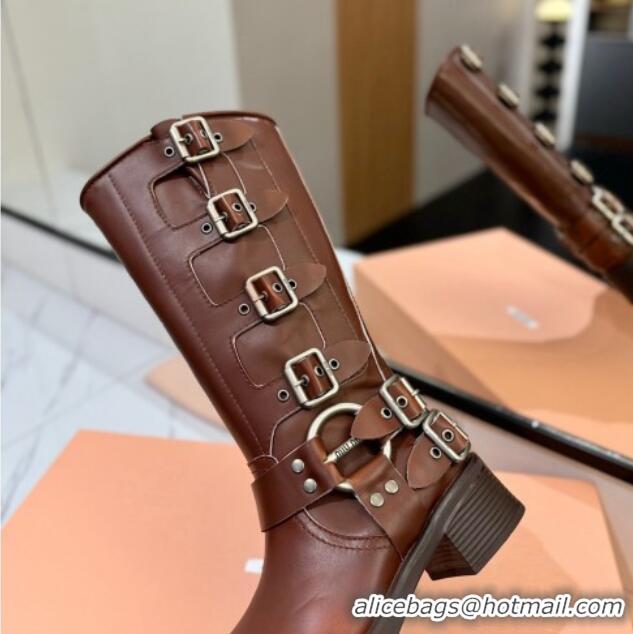 Grade Quality Miu Miu Bleached Leather High Boots with Buckle Strap Sienna Brown 1228078