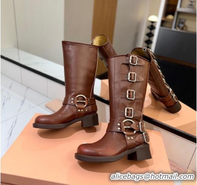 Grade Quality Miu Miu Bleached Leather High Boots with Buckle Strap Sienna Brown 1228078