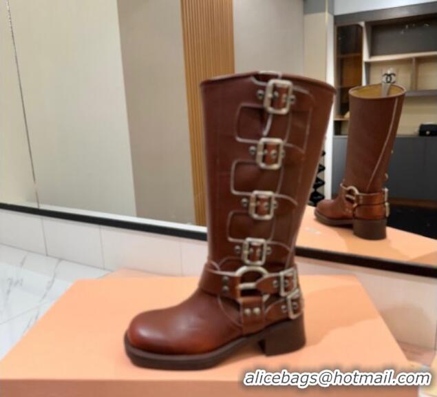 Grade Quality Miu Miu Bleached Leather High Boots with Buckle Strap Sienna Brown 1228078