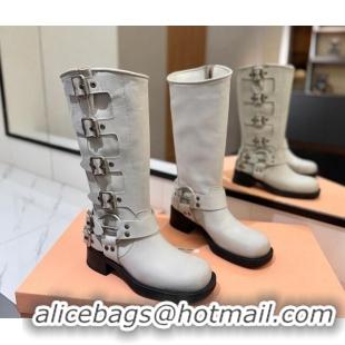 Pretty Style Miu Miu Bleached Leather High Boots with Buckle Strap White 1228079