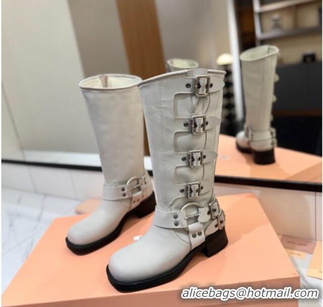 Pretty Style Miu Miu Bleached Leather High Boots with Buckle Strap White 1228079