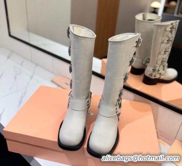 Pretty Style Miu Miu Bleached Leather High Boots with Buckle Strap White 1228079