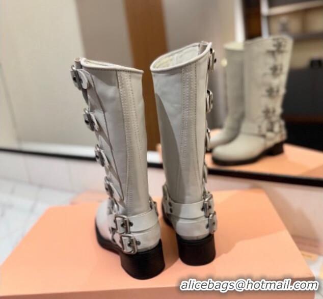 Pretty Style Miu Miu Bleached Leather High Boots with Buckle Strap White 1228079