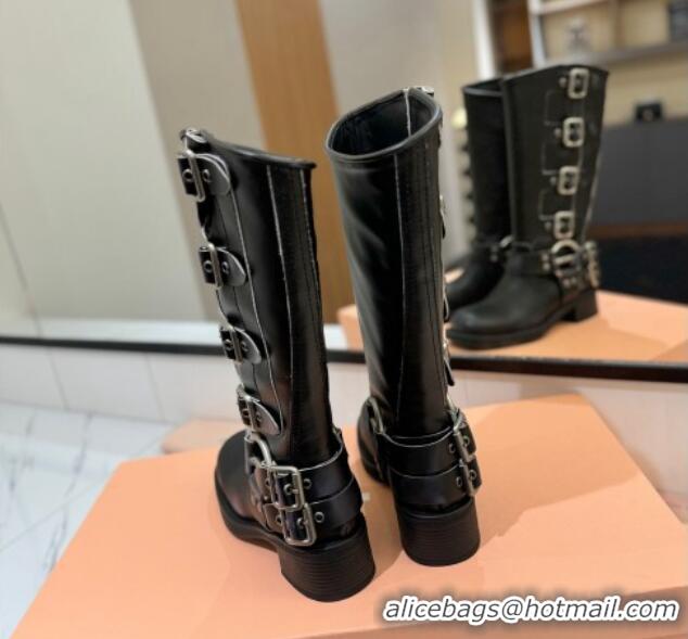 Low Price Miu Miu Bleached Leather High Boots with Buckle Strap Black 1228080