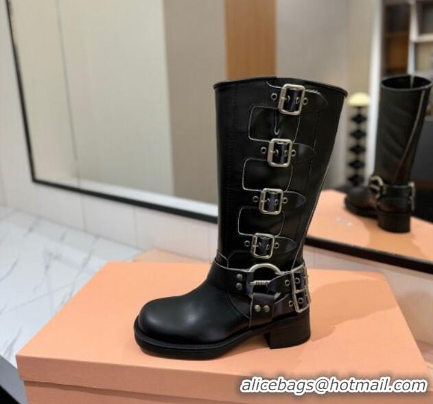 Low Price Miu Miu Bleached Leather High Boots with Buckle Strap Black 1228080