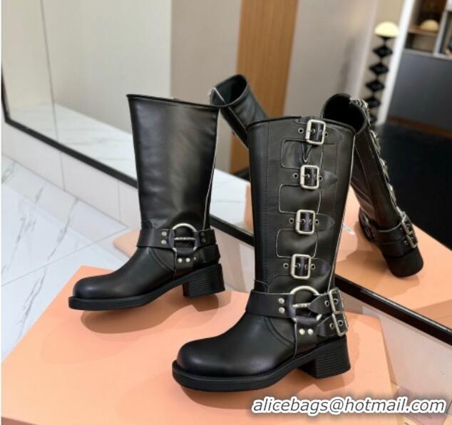 Low Price Miu Miu Bleached Leather High Boots with Buckle Strap Black 1228080