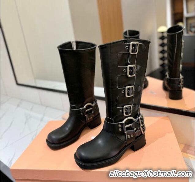 Low Price Miu Miu Bleached Leather High Boots with Buckle Strap Black 1228080