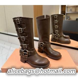 Luxurious Miu Miu Bleached Leather High Boots with Buckle Strap Dark Brown 1228081