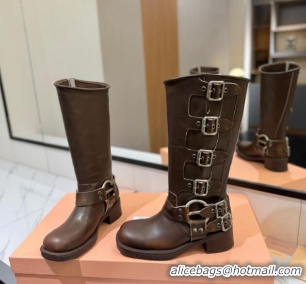 Luxurious Miu Miu Bleached Leather High Boots with Buckle Strap Dark Brown 1228081