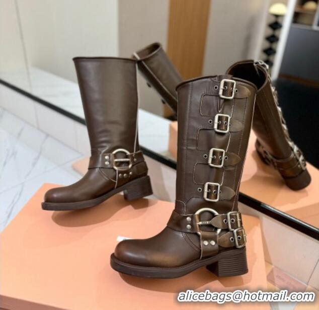 Luxurious Miu Miu Bleached Leather High Boots with Buckle Strap Dark Brown 1228081