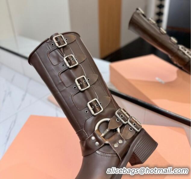 Luxurious Miu Miu Bleached Leather High Boots with Buckle Strap Dark Brown 1228081