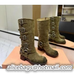 Charming Miu Miu Suede High Boots with Buckle Strap Green 1228082