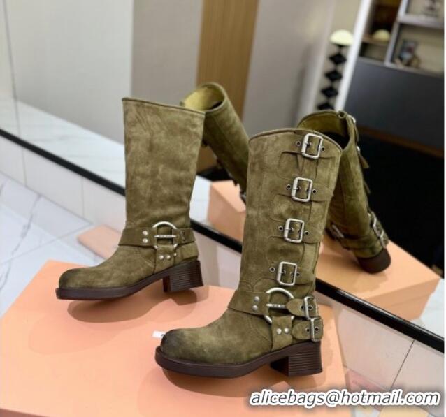 Charming Miu Miu Suede High Boots with Buckle Strap Green 1228082