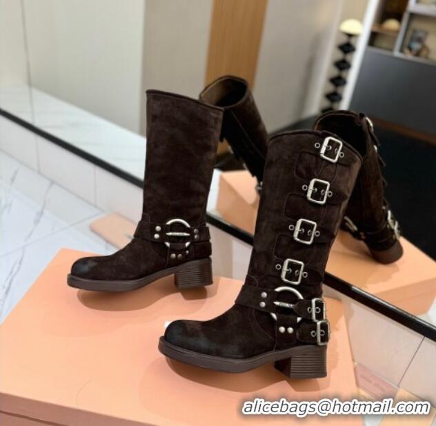 Shop Duplicate Miu Miu Suede High Boots with Buckle Strap Dark Brown 1228083