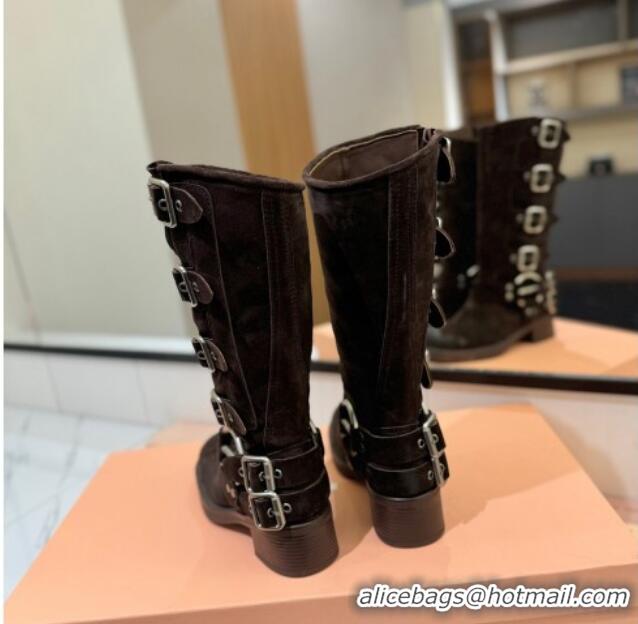 Shop Duplicate Miu Miu Suede High Boots with Buckle Strap Dark Brown 1228083