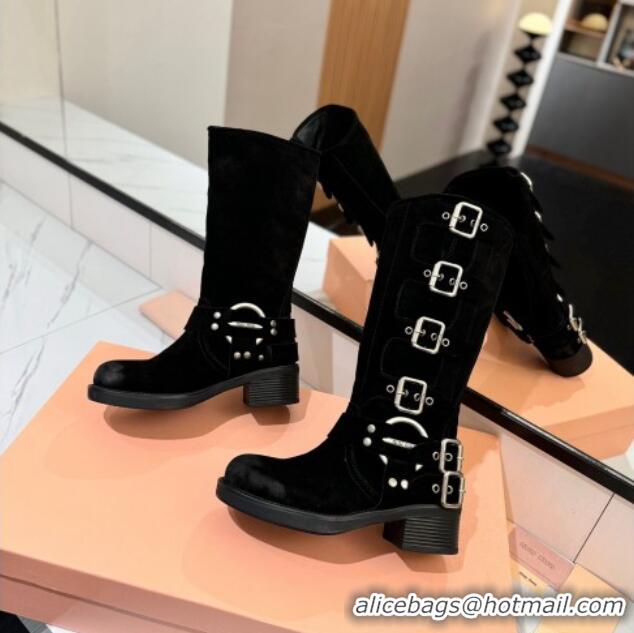 Big Discount Miu Miu Suede High Boots with Buckle Strap Black 1228084