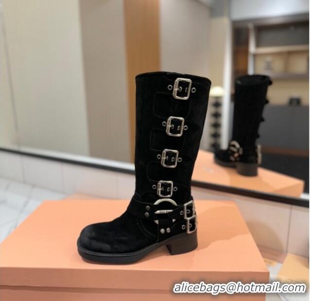 Big Discount Miu Miu Suede High Boots with Buckle Strap Black 1228084