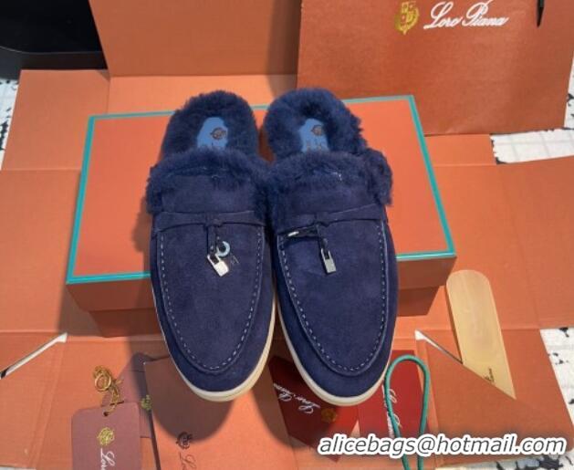 Sumptuous Loro Piana Summer Charm Mules in Suede and Wool Blue 1113073