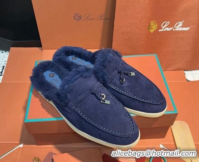 Sumptuous Loro Piana Summer Charm Mules in Suede and Wool Blue 1113073