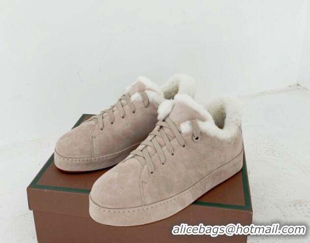 Charming Loro Piana Low top Sneakers in Suede and Wool Fur Beige Grey 1113086