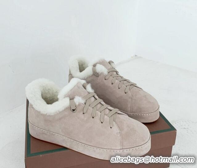 Charming Loro Piana Low top Sneakers in Suede and Wool Fur Beige Grey 1113086