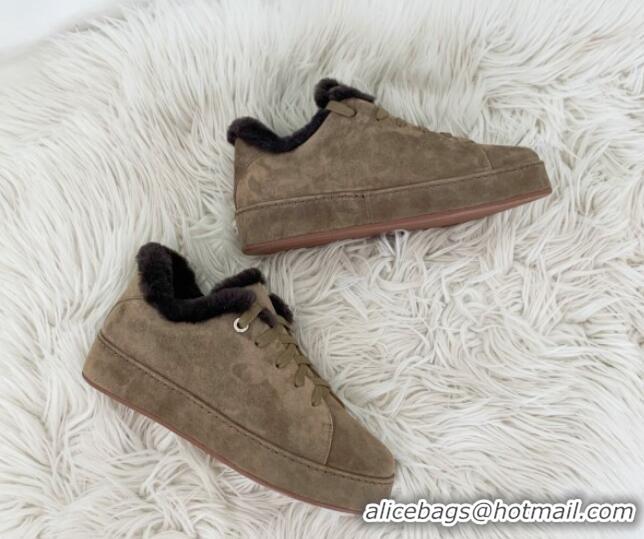 Luxury Cheap Loro Piana Low top Sneakers in Suede and Wool Fur Grey 1113088