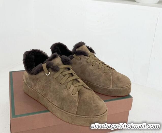 Luxury Cheap Loro Piana Low top Sneakers in Suede and Wool Fur Grey 1113088