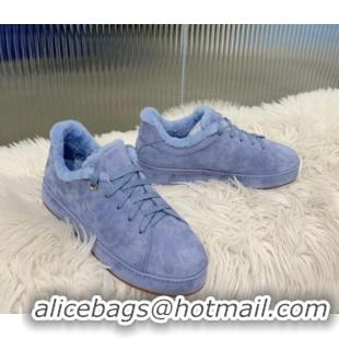 Luxurious Loro Piana Low top Sneakers in Suede and Wool Fur Light Blue 1113092