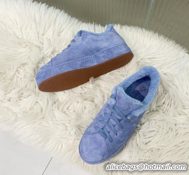 Luxurious Loro Piana Low top Sneakers in Suede and Wool Fur Light Blue 1113092