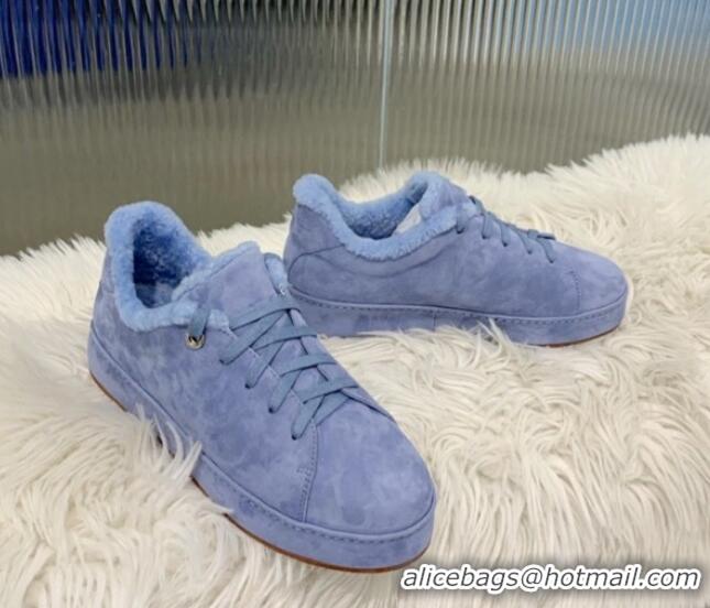 Luxurious Loro Piana Low top Sneakers in Suede and Wool Fur Light Blue 1113092