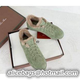 Stylish Loro Piana Low top Sneakers in Suede and Wool Fur Green 1113093