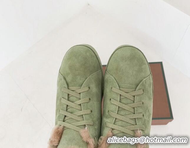 Stylish Loro Piana Low top Sneakers in Suede and Wool Fur Green 1113093