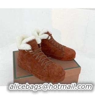 Discount Loro Piana High top Sneakers in Suede and Wool Fur Tan Brown 1113096