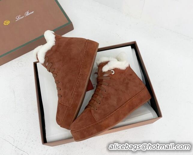 Discount Loro Piana High top Sneakers in Suede and Wool Fur Tan Brown 1113096