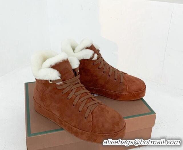 Discount Loro Piana High top Sneakers in Suede and Wool Fur Tan Brown 1113096