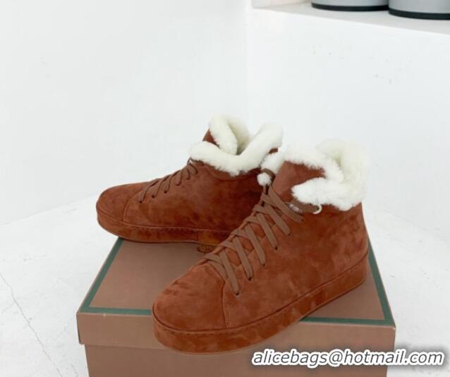 Discount Loro Piana High top Sneakers in Suede and Wool Fur Tan Brown 1113096