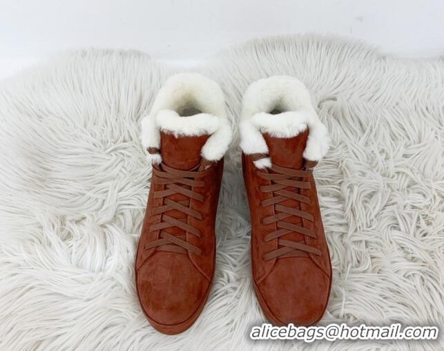 Discount Loro Piana High top Sneakers in Suede and Wool Fur Tan Brown 1113096