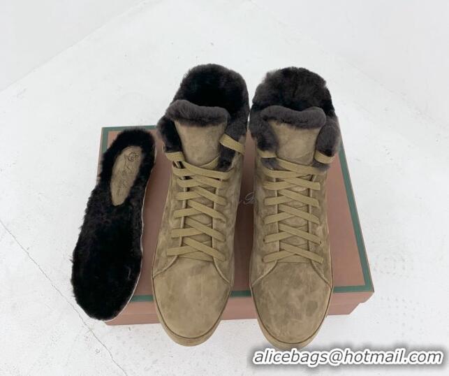 Duplicate Loro Piana High top Sneakers in Suede and Wool Fur Khaki 1113097