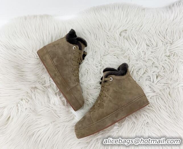 Duplicate Loro Piana High top Sneakers in Suede and Wool Fur Khaki 1113097