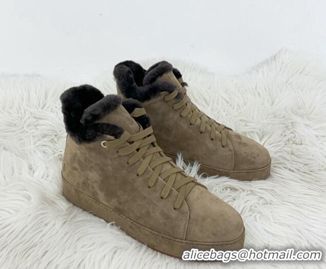 Duplicate Loro Piana High top Sneakers in Suede and Wool Fur Khaki 1113097