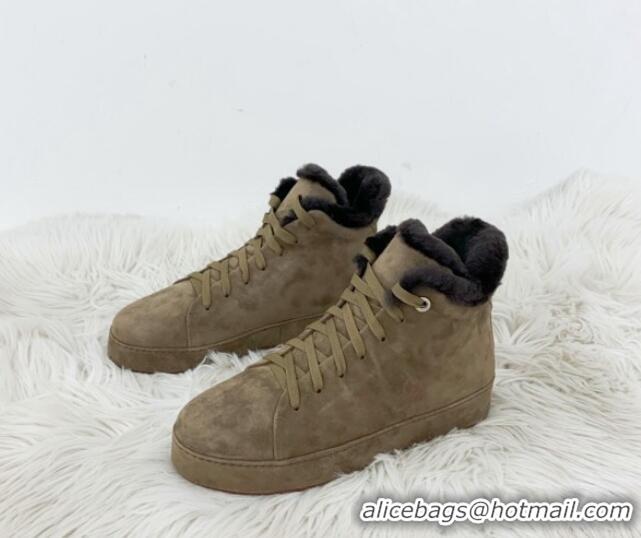 Duplicate Loro Piana High top Sneakers in Suede and Wool Fur Khaki 1113097